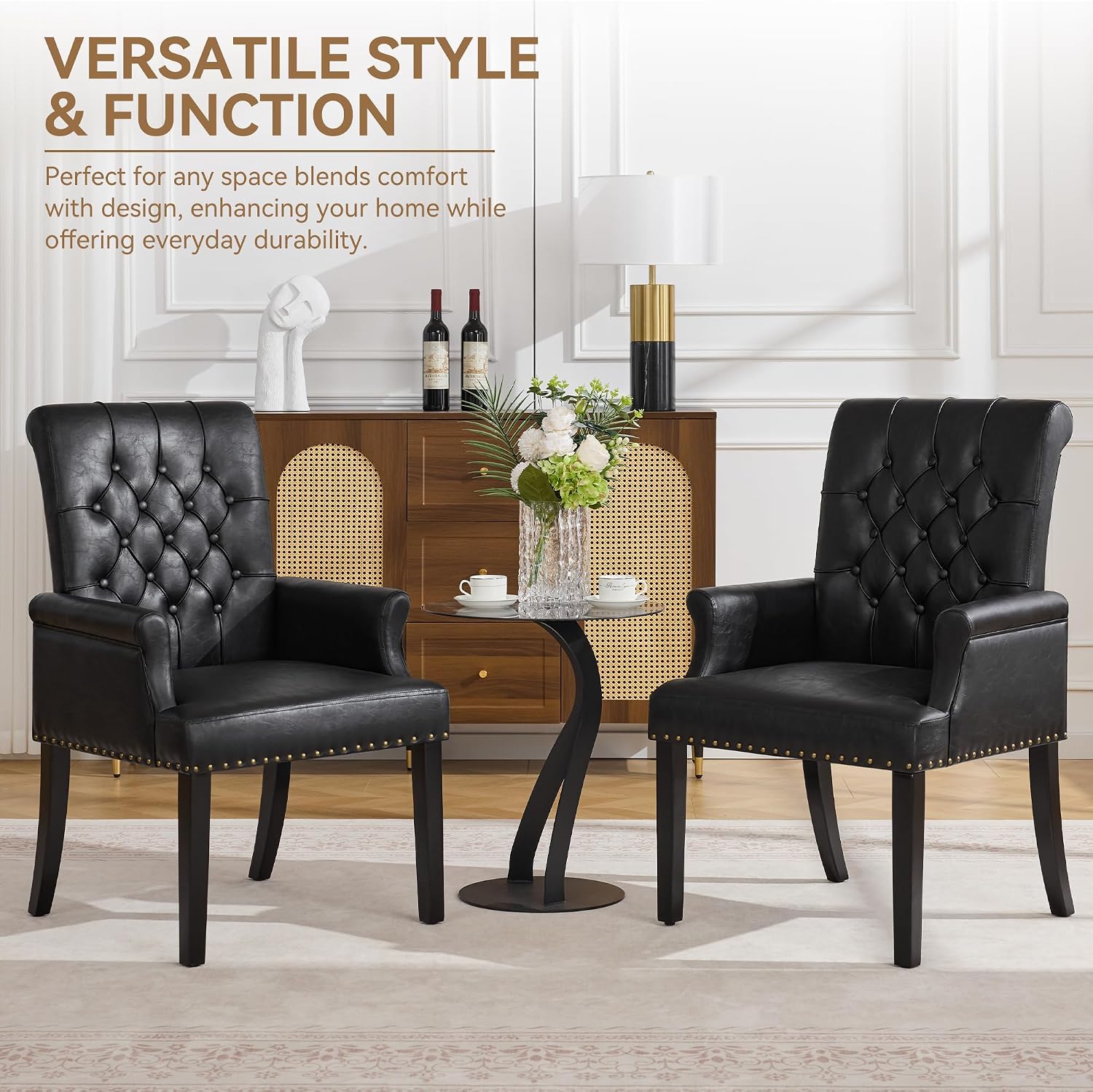 WUTUTUEE PU Leather Dining Chair with Arms, Upholstered Tufted High Back Dining Room Chairs, Accent Armchair with Solid Wood Leg and Nailhead Trim, Kitchen Dining Living Room, Black