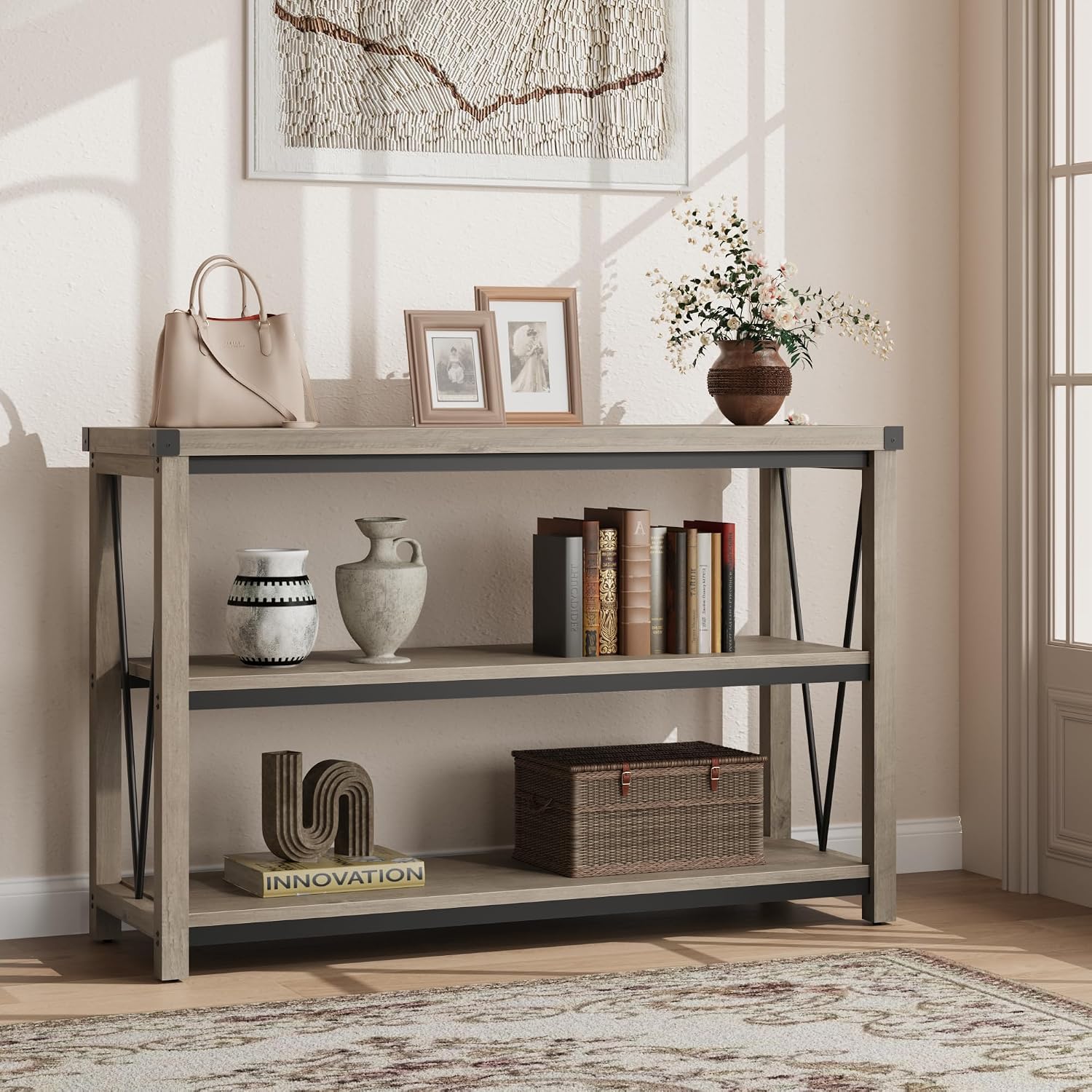 GAOMON Farmhouse Entryway Table,47 Inch Narrow Long Console Table with Storage, 3 Tier Wood Console Table for Living Room, Behind Couch Table, Hallway Table for Foyer, Entryway Furniture-Grey