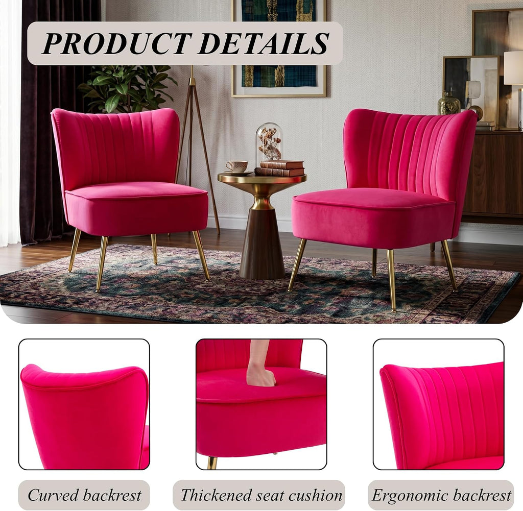 Velvet Accent Chair Set of 2 Comfy Living Room Chair Armless Slipper Chair Mid Century Side Single Sofa Chair with Golden Legs Wingback for Bedroom Guest Room, Hot Pink