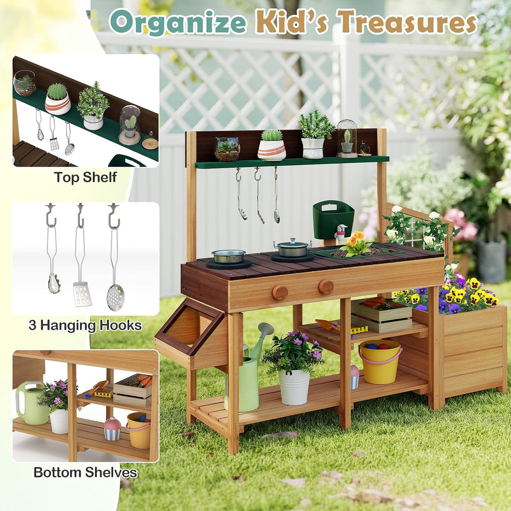 Costzon Mud Kitchen, Wooden Kids Potting Bench w/Removable Faucet, Sink, Stoves, Rotation Knobs, Planter Boxes, Trellis & Cooking Accessories, Mud Kitchen for Kids Outdoor 3-8 (Brown)