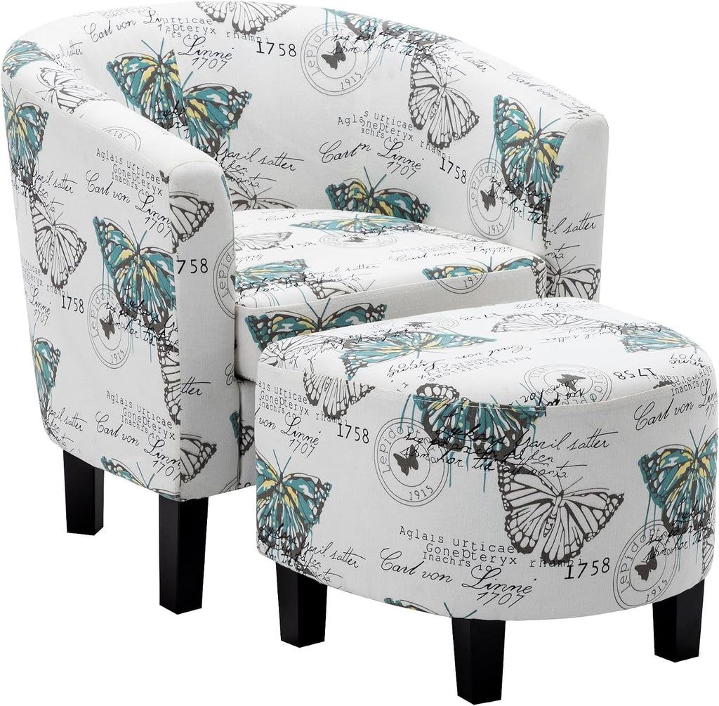 BELLEZE Accent Ottoman Set, Modern Upholstered Curved Back Chair, Barrel Round Tub Reading Chair and Footrest for Living Room Bedroom - Butterfly White/Linen