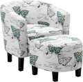 BELLEZE Accent Ottoman Set, Modern Upholstered Curved Back Chair, Barrel Round Tub Reading Chair and Footrest for Living Room Bedroom - Butterfly White/Linen