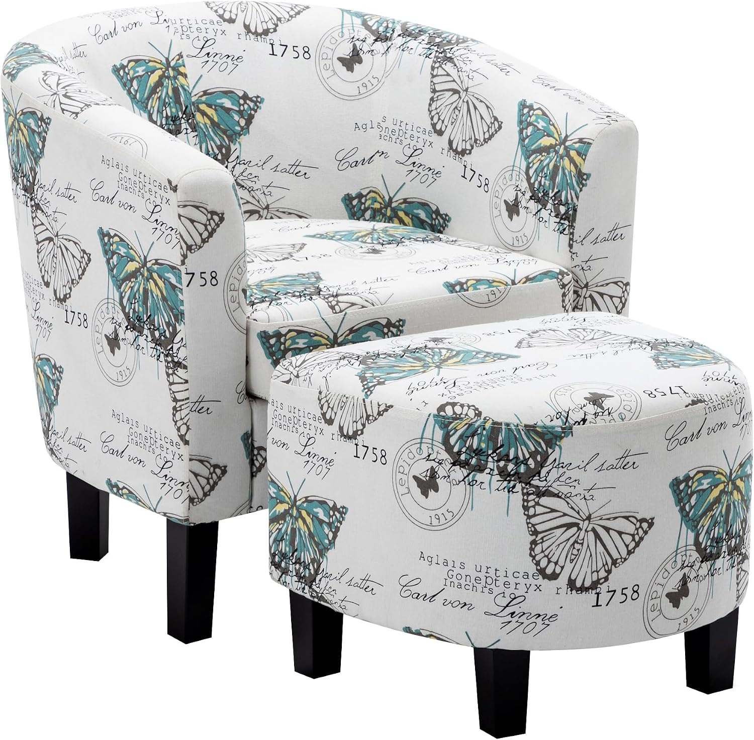 BELLEZE Accent Ottoman Set, Modern Upholstered Curved Back Chair, Barrel Round Tub Reading Chair and Footrest for Living Room Bedroom - Butterfly White/Linen