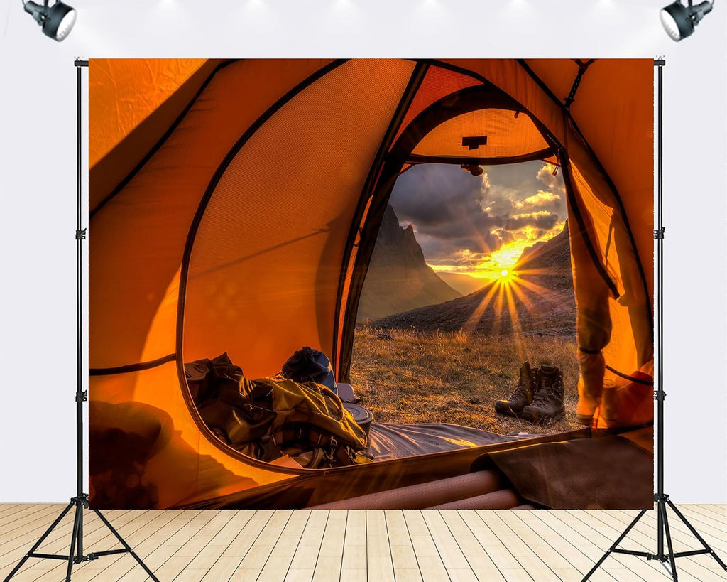 Trykid 20x10ft Orange Tent Mountain Sunrise Backdrop Cozy Camping Adventure Scene Photography Background Outdoor Travel Shoot Tapestry Party Decoration Photo Studio Prop Fabric