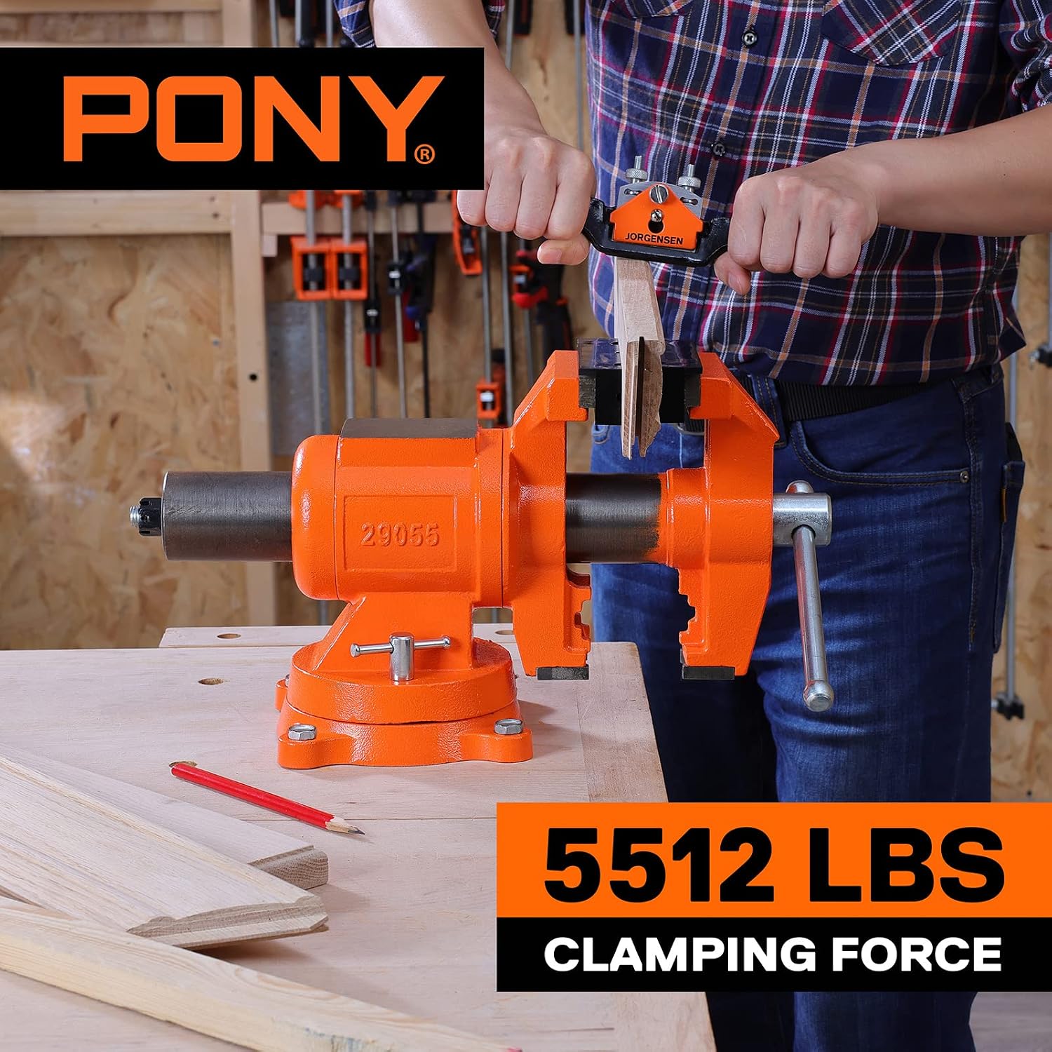 PONY Heavy Duty Bench Vise, 5-inch Jaw Width and Opening, 360-Degree Swivel Base With Anvil, Utility Combination Pipe Home Vise for Woodworking, One-Pair Vise Jaw Pad Included
