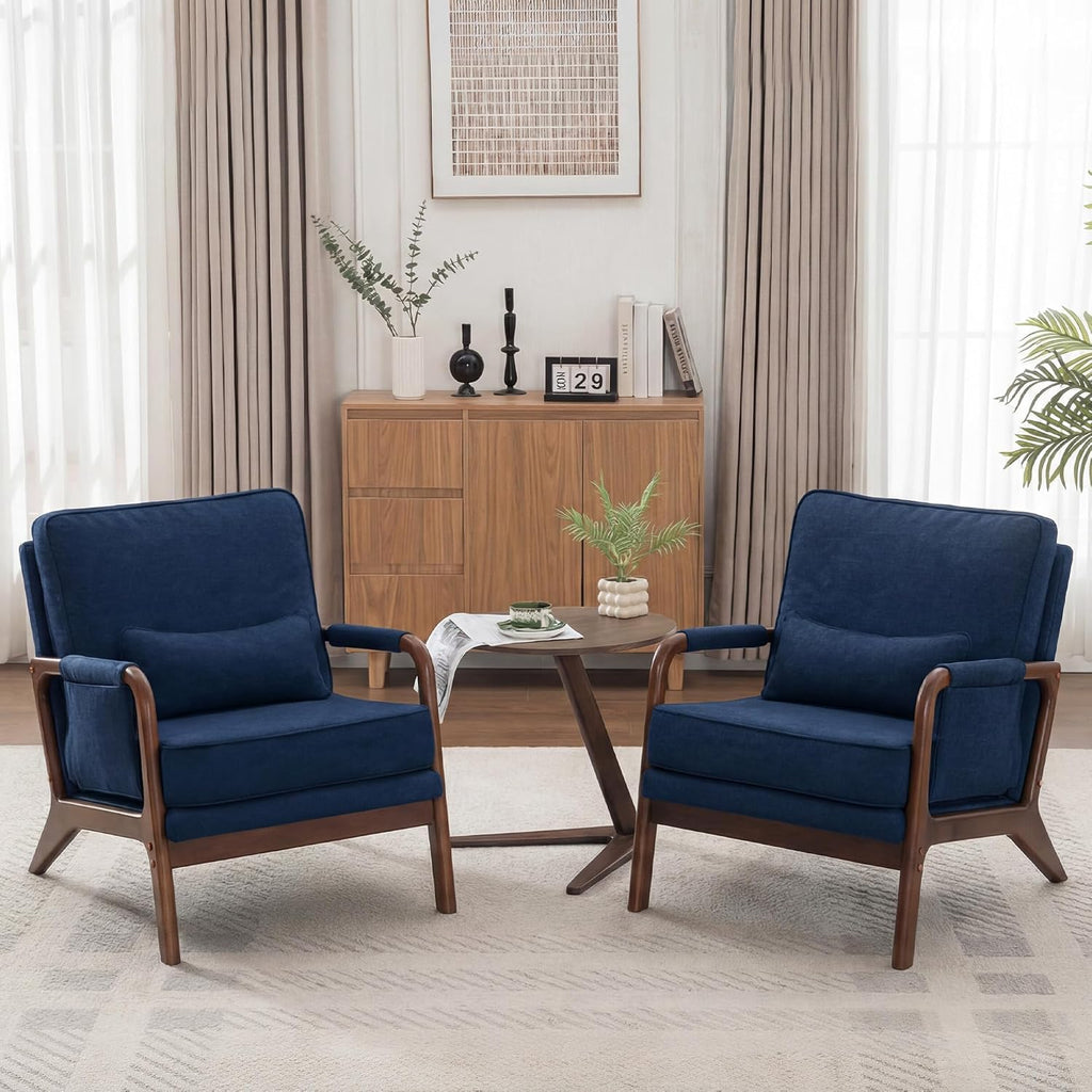 Mid Century Modern Chair Set of 2, Upholstered Lounge Arm Chair with Solid Wood Frame, Comfy Accent Chair for Living Room, Bedroom, Reading, Reception, Blue