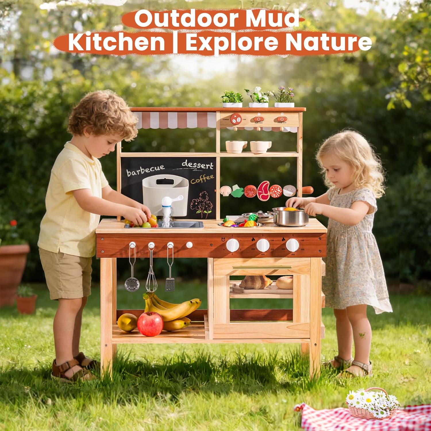 ROBOTIME Kids Mud Kitchen, Wooden Mud Kitchen for Kids Outdoor with Real Water Play Sink, BBQ Grill, Coffee Maker & Planting Station, Large Storage Outdoor Play Kitchen, Kitchen Toys for Ages 3+