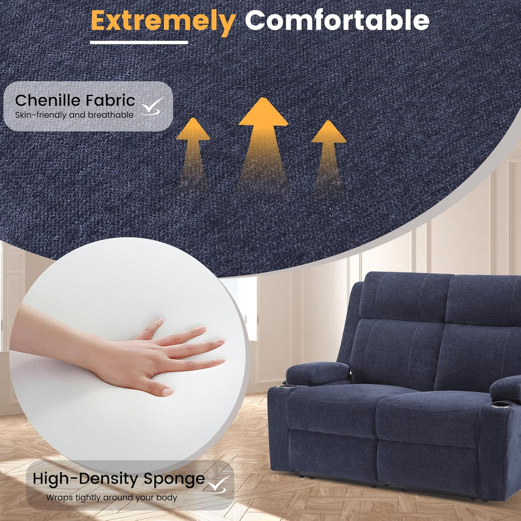 Loveseat Recliner, Double Recliner Loveseat with Adjustable Footrest & Cup Holder, Wall Hugger Recliner for Living Room & Home Theater & RV(Blue)