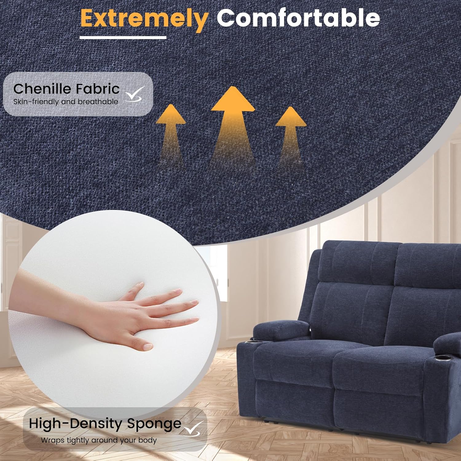 Loveseat Recliner, Double Recliner Loveseat with Adjustable Footrest & Cup Holder, Wall Hugger Recliner for Living Room & Home Theater & RV(Blue)