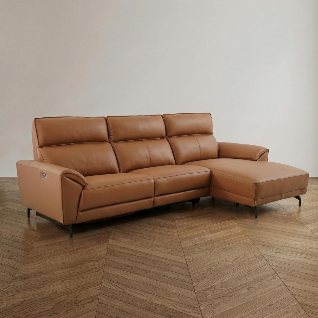 Furniture of America Belon Modern Leather Sectional Recliner with Chaise and USB Ports, Reclining Sofa, L Shaped Comfy Couches for Living Room, Home Theater, Right Facing, Brown Clay