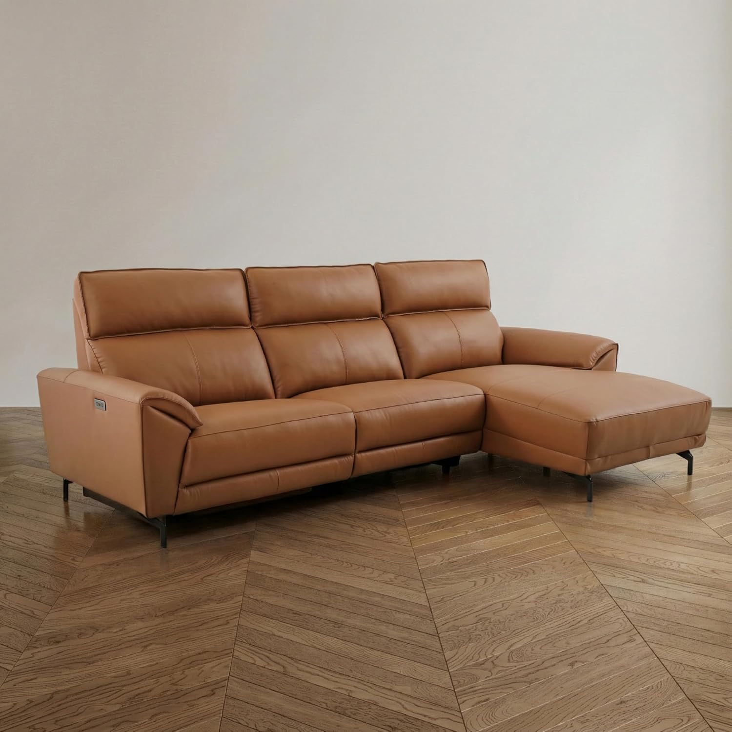 Furniture of America Belon Modern Leather Sectional Recliner with Chaise and USB Ports, Reclining Sofa, L Shaped Comfy Couches for Living Room, Home Theater, Right Facing, Brown Clay