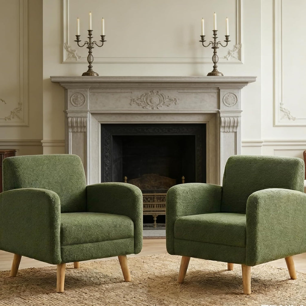 Accent Chairs for Living Room, Comfy Boucle Mid Century Modern Single Sofa Chair with Rubberwood Frame, Upholstered Reading Arm Chair for Bedroom, Club, Office Waiting Room (Green)
