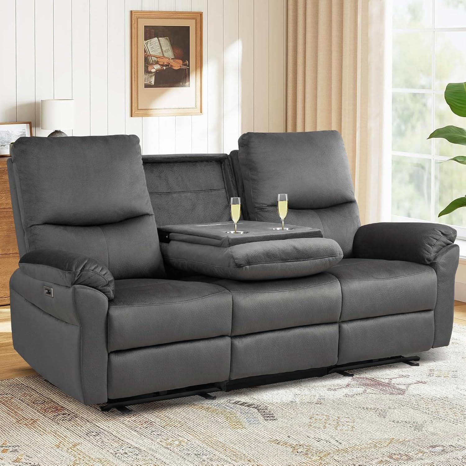 Reclining Sofa, Power Reclining Sofa with Drop-Down Table & Cup Holders, Modern 3 Seat Power Reclining Couch, Wall Hugger Sofa Recliner for Living Room Furniture Sets(Dark Gray) | Console