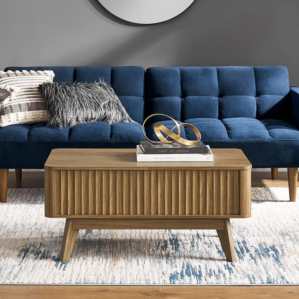mopio Brooklyn Lift Top Coffee Table for Living Room, Mid Century, Modern Farmhouse with Lifting Tabletop & Hidden Storage, Fluted Panel, Rising Pull Up Dining Table (Walnut)
