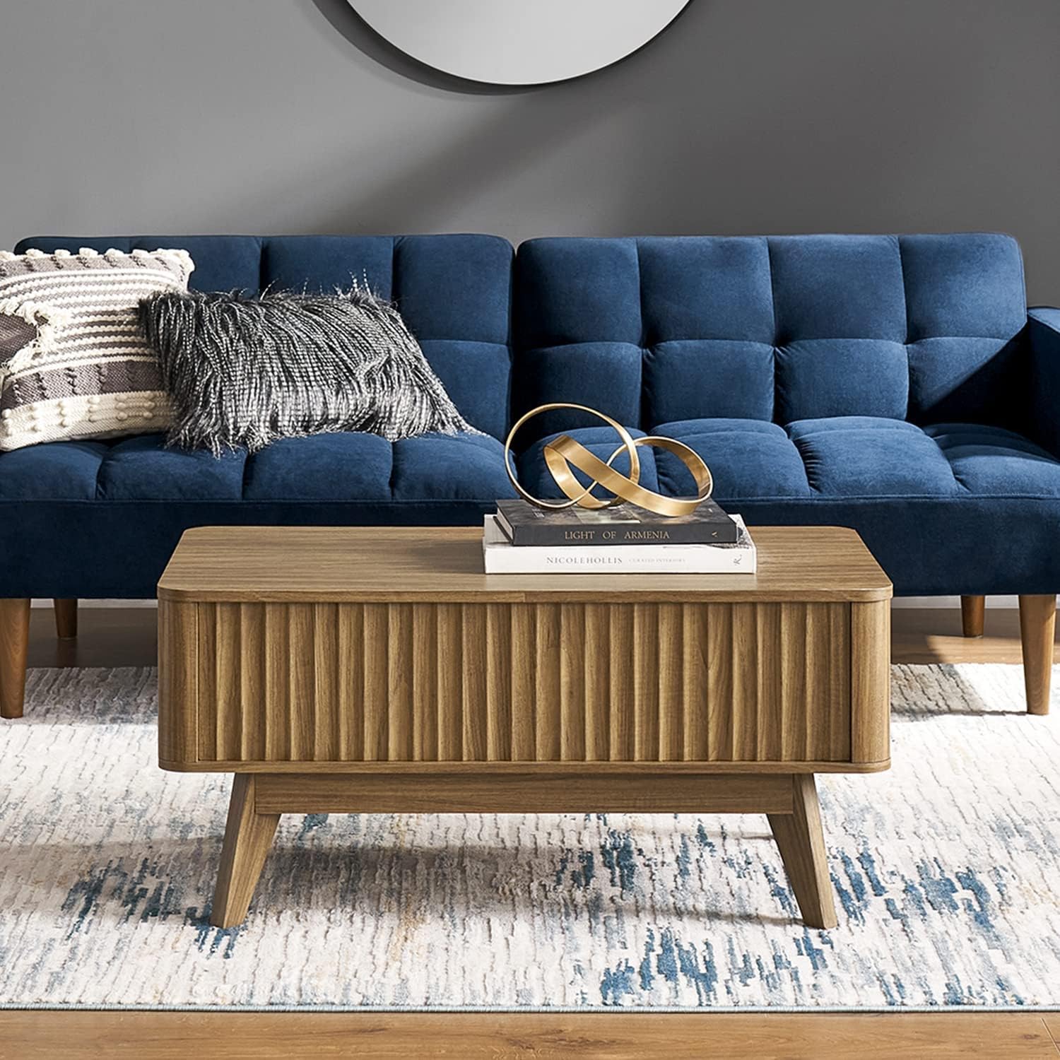 mopio Brooklyn Lift Top Coffee Table for Living Room, Mid Century, Modern Farmhouse with Lifting Tabletop & Hidden Storage, Fluted Panel, Rising Pull Up Dining Table (Walnut)