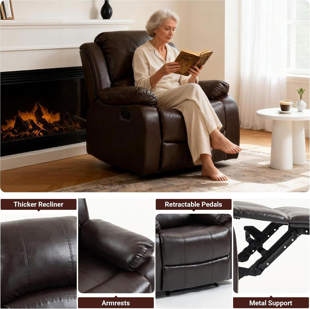 Manual Recliner Chair, Adjustable Push Back Leather Reclining for Living Room, Reddish Brown