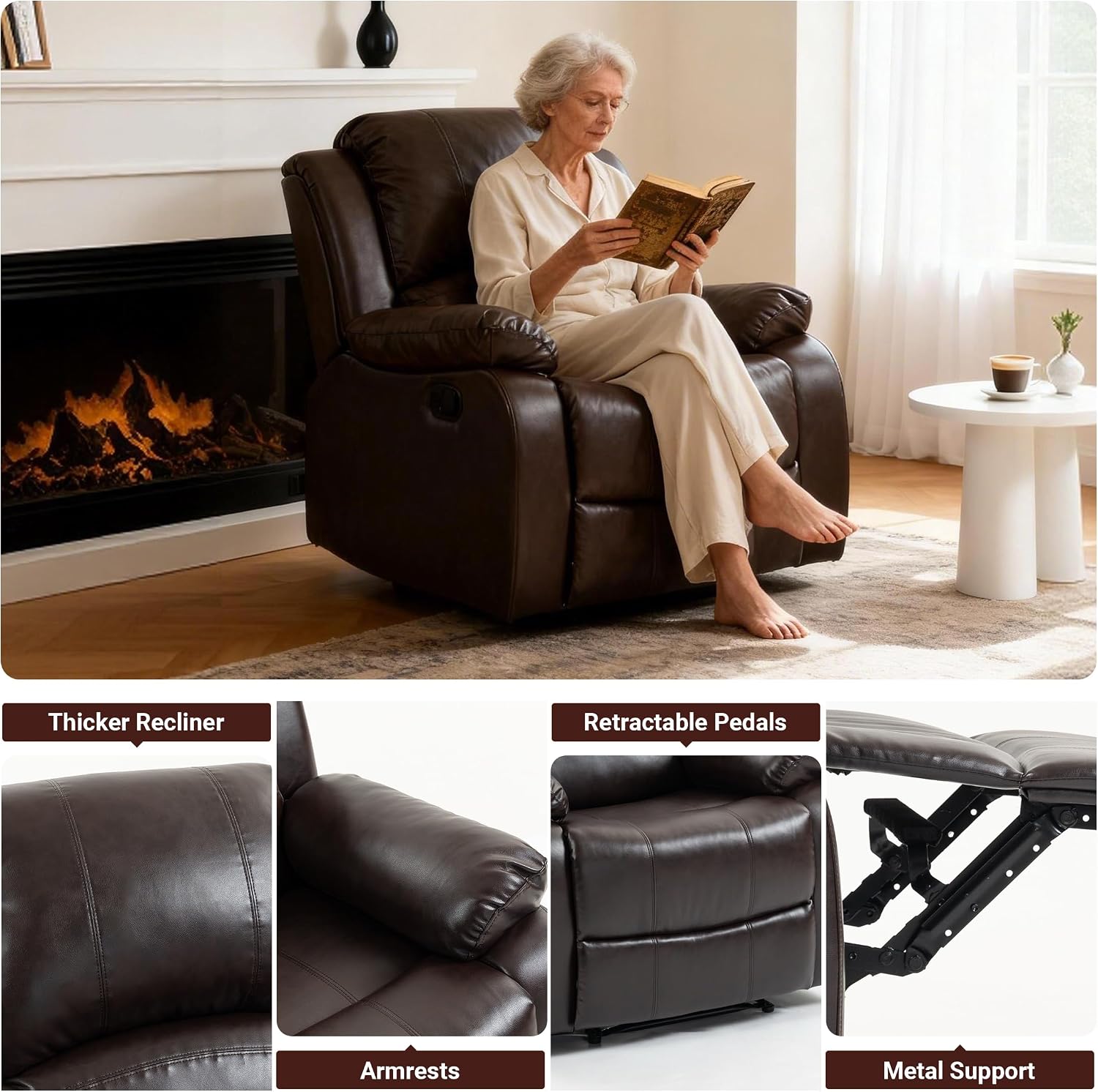Manual Recliner Chair, Adjustable Push Back Leather Reclining for Living Room, Reddish Brown