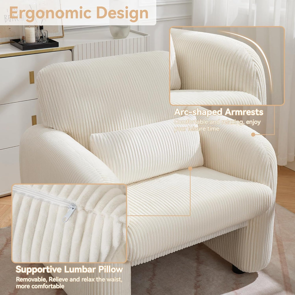 WUTUTUEE Corduroy Fabric Accent Chairs Set of 2, Modern Upholstered Living Room Chairs with Lumbar Pillow, Wide Comfy Leisure Armchair for Bedroom, Office, Reading, White