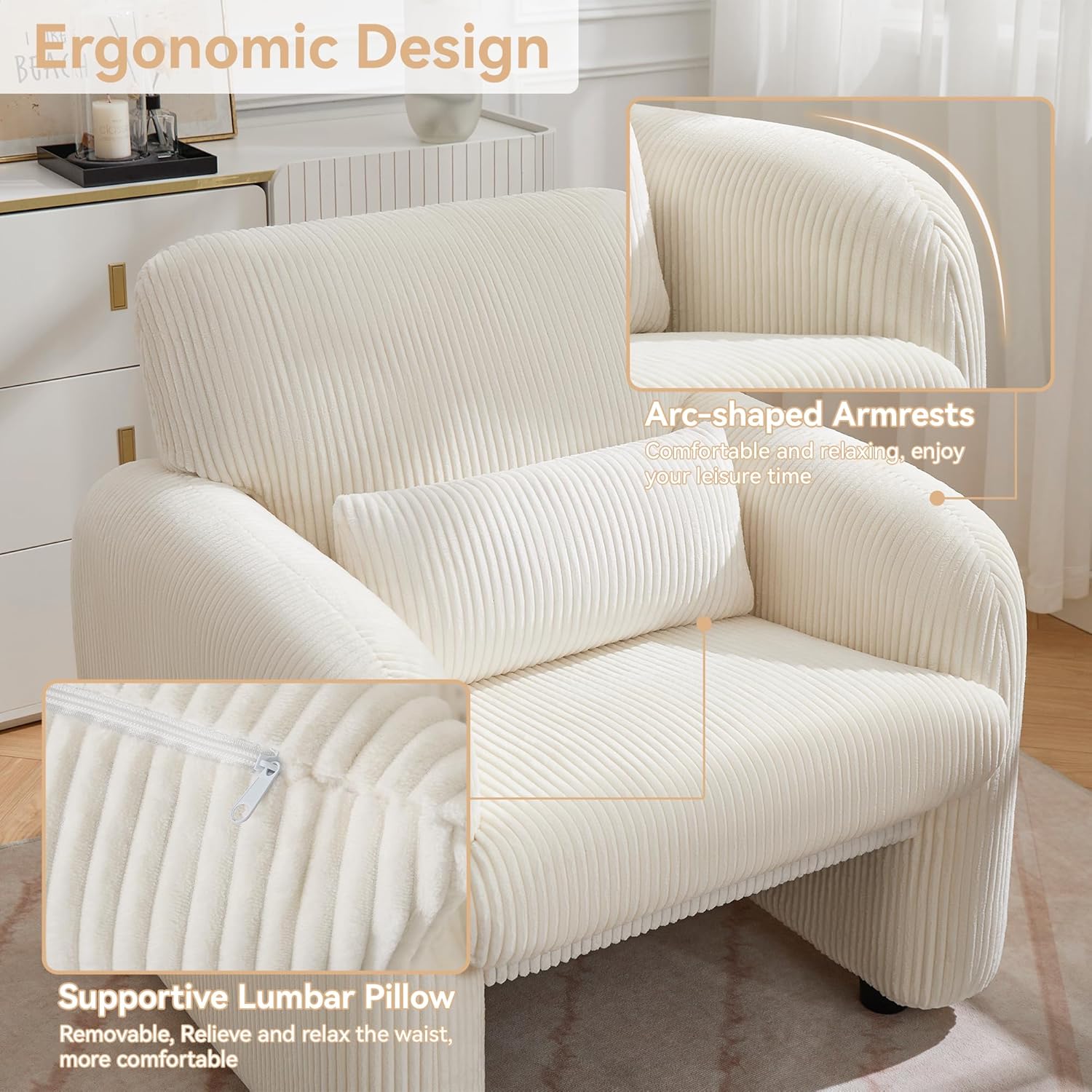 WUTUTUEE Corduroy Fabric Accent Chairs Set of 2, Modern Upholstered Living Room Chairs with Lumbar Pillow, Wide Comfy Leisure Armchair for Bedroom, Office, Reading, White