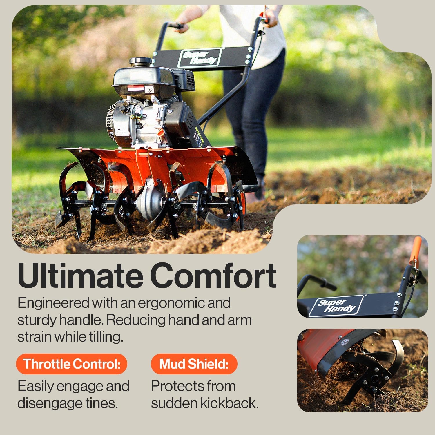 SuperHandy RotoTiller Cultivator 27' Inch Tilling Width 7HP 209cc 4 Stroke Gas Motor 6 Premium Steel Adjustable Forward Rotating Tines for Garden & Lawn, Digging, Weed Removal