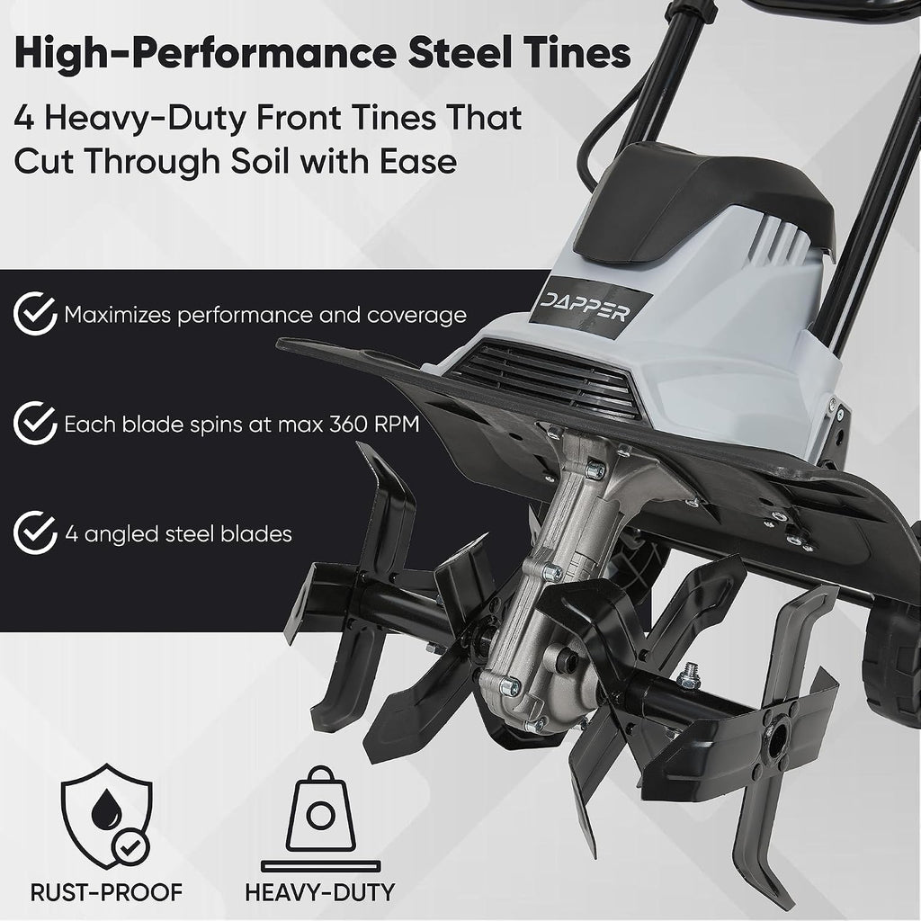 Dapper Supply 14 Electric Tiller Cultivator, 10Amp Corded Garden Rototiller with 4 Steel Tines, Adjustable Depth Wheels, Foldable Handle, Lightweight Portable Soil Cultivator for Gardening
