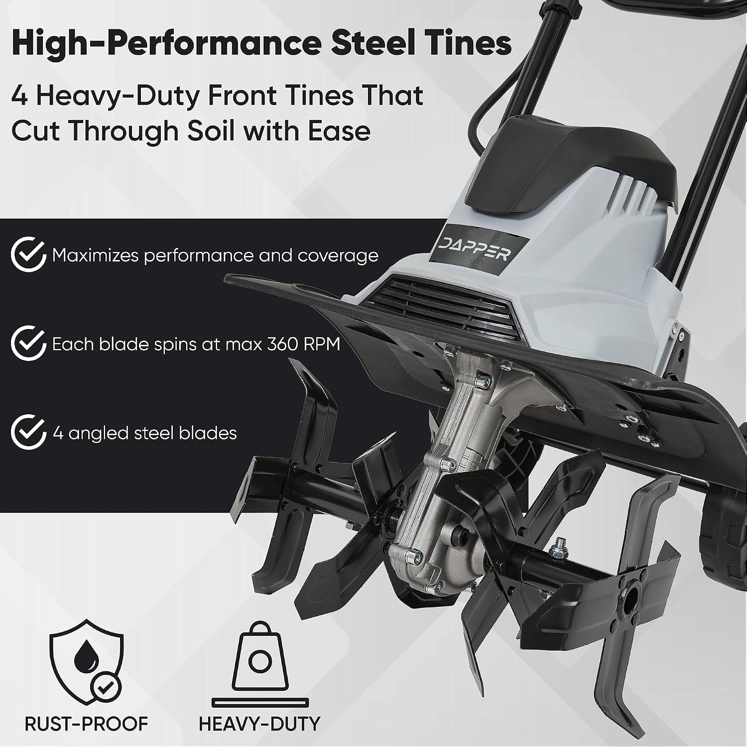 Dapper Supply 14 Electric Tiller Cultivator, 10Amp Corded Garden Rototiller with 4 Steel Tines, Adjustable Depth Wheels, Foldable Handle, Lightweight Portable Soil Cultivator for Gardening