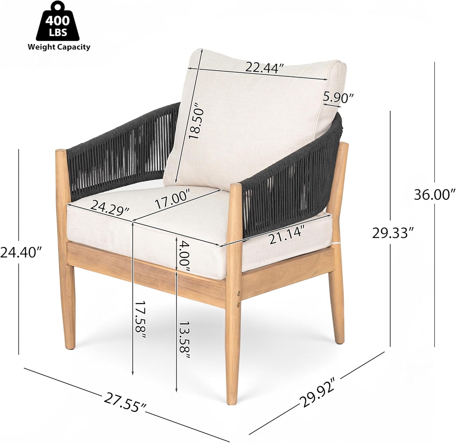 Christopher Knight Home Naomi Set of 2 Patio Acacia Wood Club Chair with Cushions, Handwoven Rope Lounge Chair Outdoor for Porch/Backyard, Stylish Garden Seating with Curved Backrest, Beige + Black