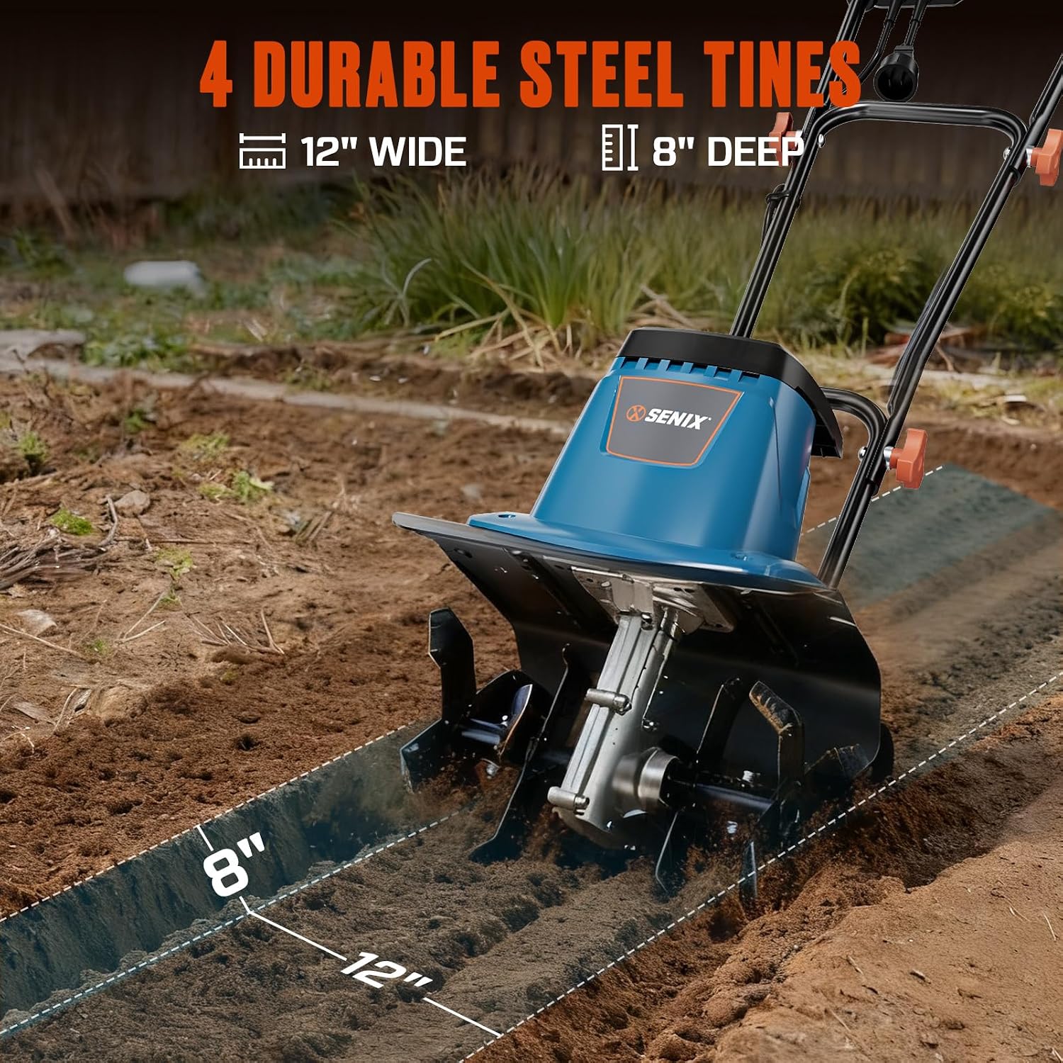SENIX Electric Corded Garden Tiller & Cultivator, Steel Tines, 8 Amp, 12″ Till Width,8″ Till Width 3-Position Wheel Adjustment-Heavy Duty Gardening Machine Equipment for Lawn, Yard, & Grass