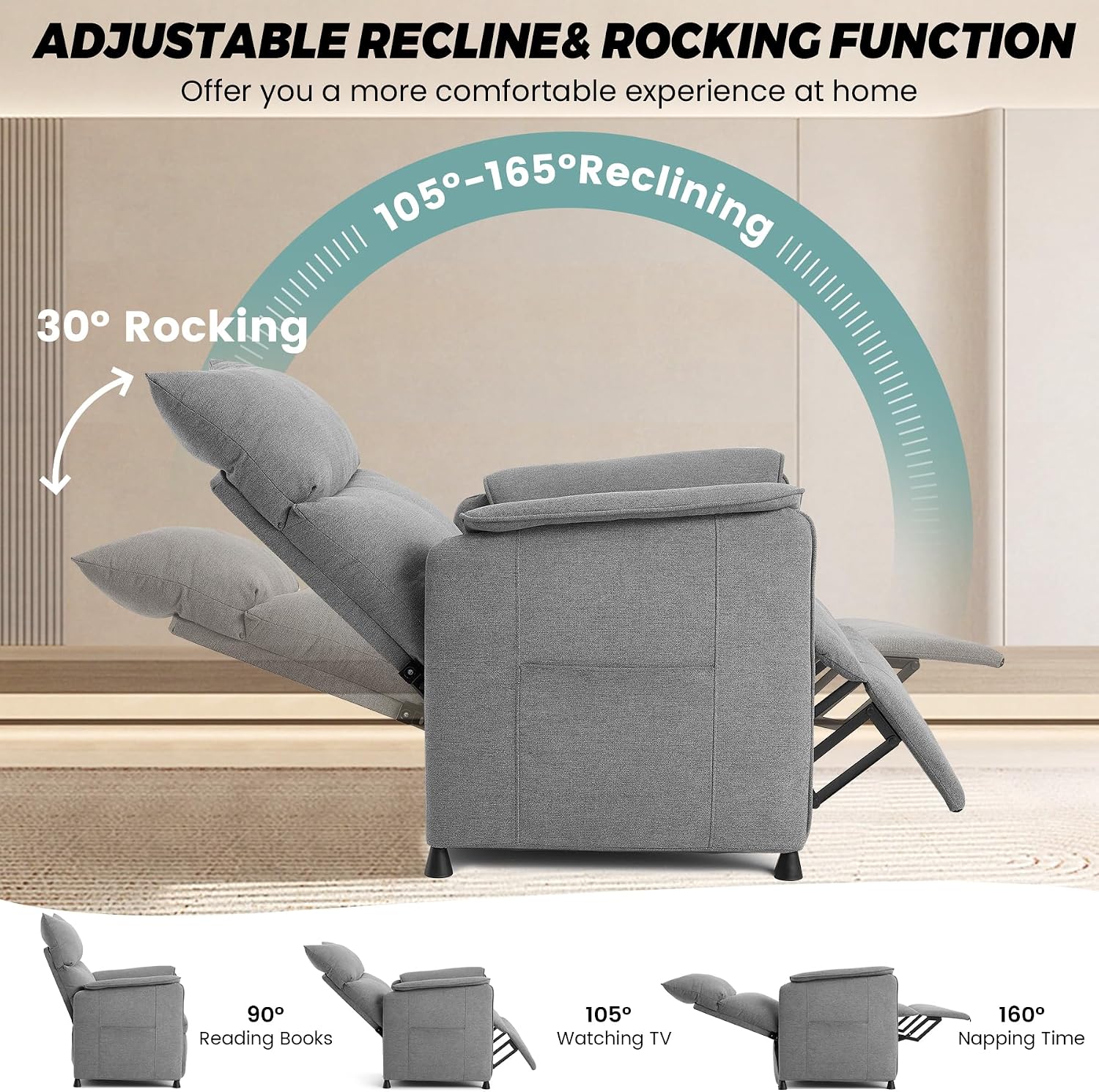 GarveeHome Elertric Recliner Chair with Massage and Heat, Adjustable Single Recliners Sofa with Remote Control Home Theater Seating &Armchair for Living Room/Office (Fabric, Grey)