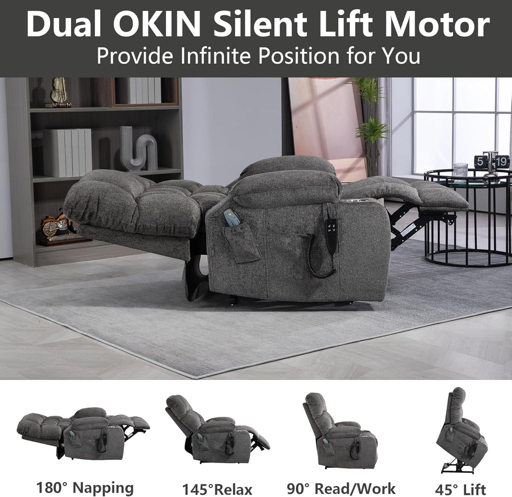 Oversized Power Recliner Chair for Big and Tall 400 LBS, 25.5' Extra Wide Electric Lift Chair with Heat and Massage, Dual Motor 180° Lay Flat Recliner Living Room Sofa, Chenille Big Lift Chair