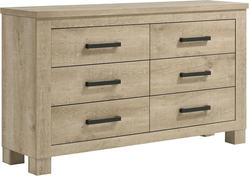 Coaster Home Furnishings - Oakglen - Engineered Wood - 6-Drawer Dresser with Rustic Style, Dark Bronze Handles, Rectangular Shape - Bedroom - Weathered Oak - 225103