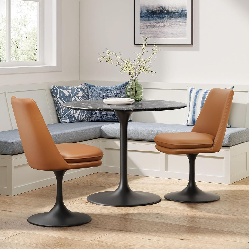 Modway Lippa Faux Leather Swivel Dining Side Chair in Black Tan - Armless Vegan Leather Accent Chair with Pedestal Base - 360° Rotating Office Chair with No Wheels