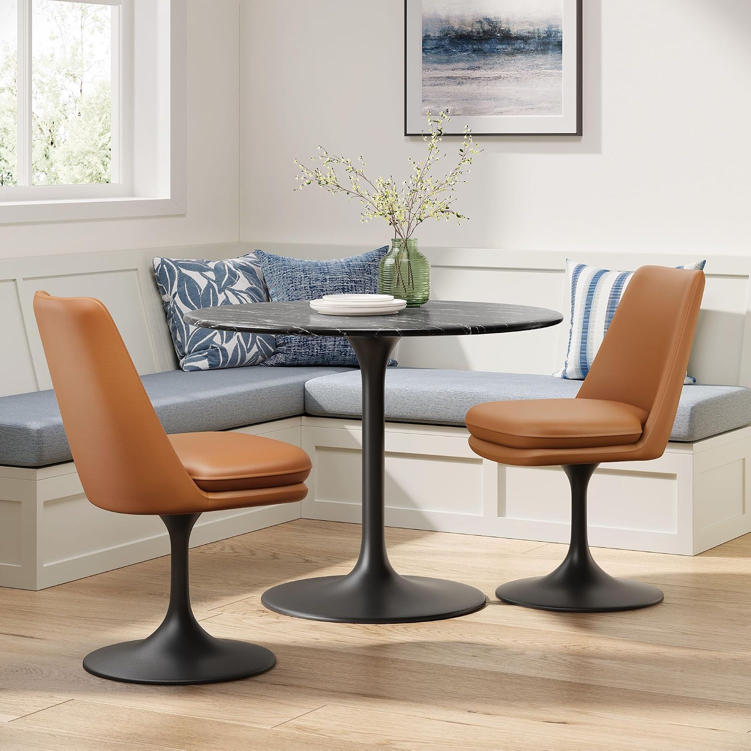 Modway Lippa Faux Leather Swivel Dining Side Chair in Black Tan - Armless Vegan Leather Accent Chair with Pedestal Base - 360° Rotating Office Chair with No Wheels
