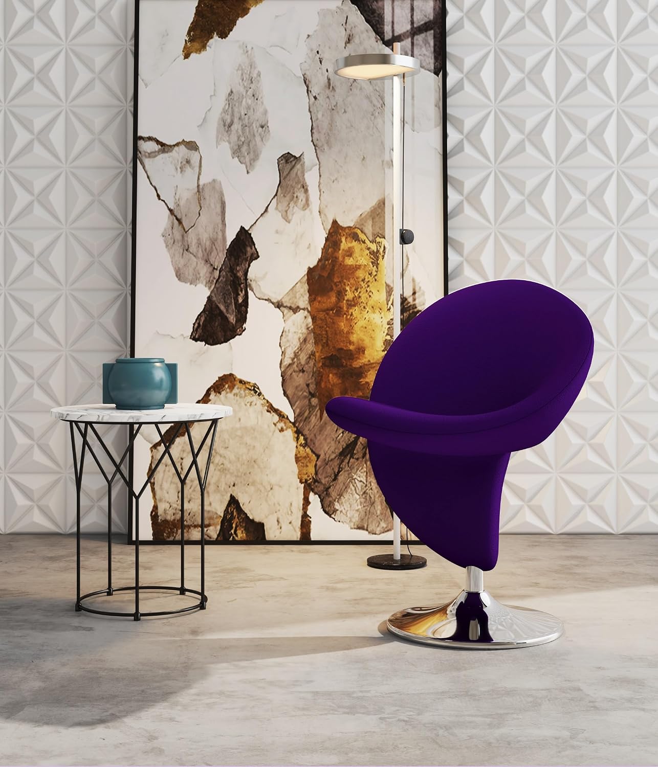 Manhattan Comfort Curl Swivel Accent Chair Set of 1 with 360° Turn, Fully Assembled, Upholstered in Wool Blend, Modern Ergonomic Design with Polished Chrome Base, Set of 1, Purple