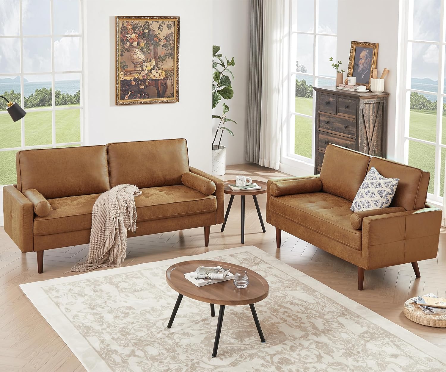HIFIT 68'' Sectional Couches Set for Living Room, Mid Century Modern Faux Leather Sofa Couch w/Tufted Deep Love Seat & 2 Pillow, Home Sofa Living Room Small Couch for Bedroom, Office, Apartment, Brown