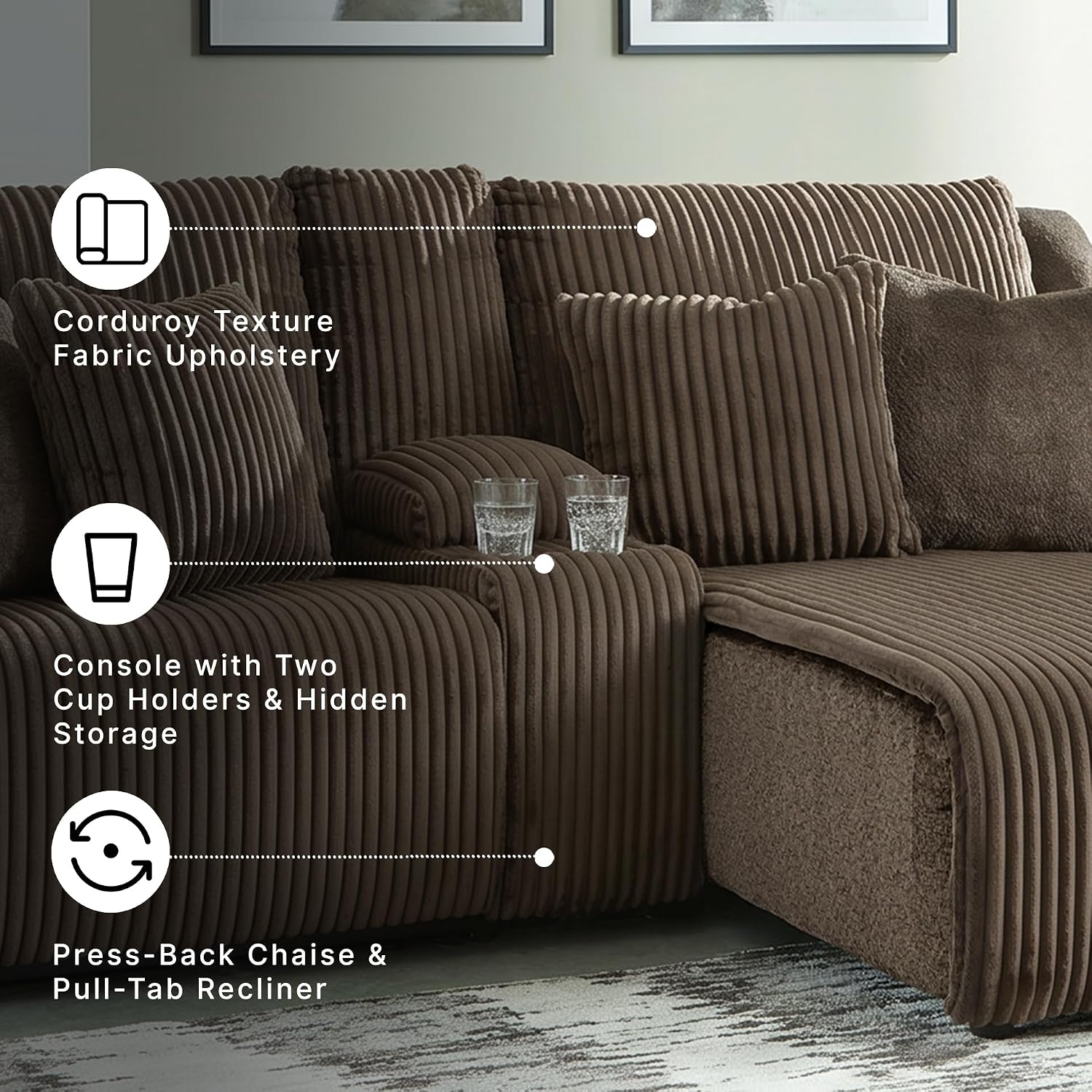 Signature Design by Ashley Top Tier Contemporary L-Shaped 3-Piece Reclining Sectional Sofa with Chaise, Console Storage and 4 Accent Pillows, Dark Brown