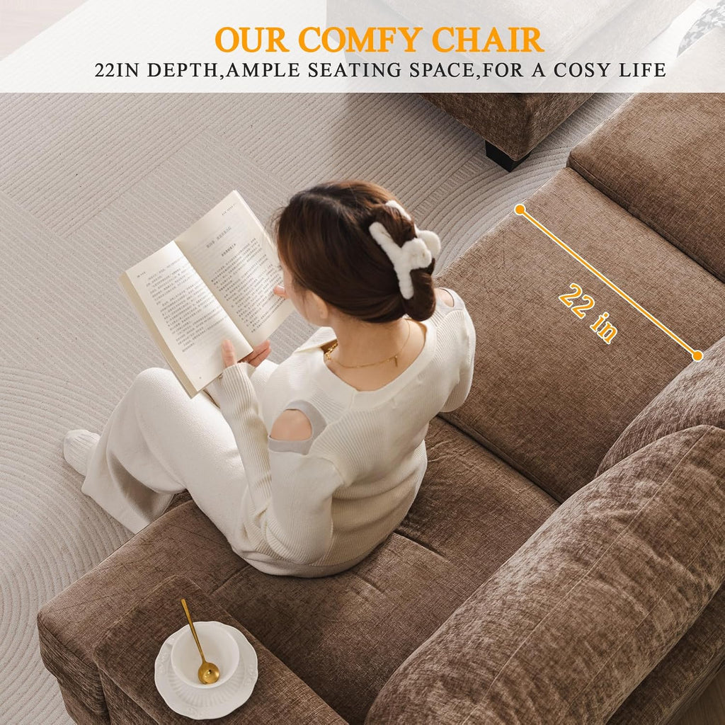 Rexulqo 85'' L Shaped Couch with Armrest Organizer,3 Seats Sofas with Movable Ottoman,Comfy Sectional Sofa with Thick Cushion,Sectional Couches for Living Room,Bedroom,Apartment,Chenille,Brown