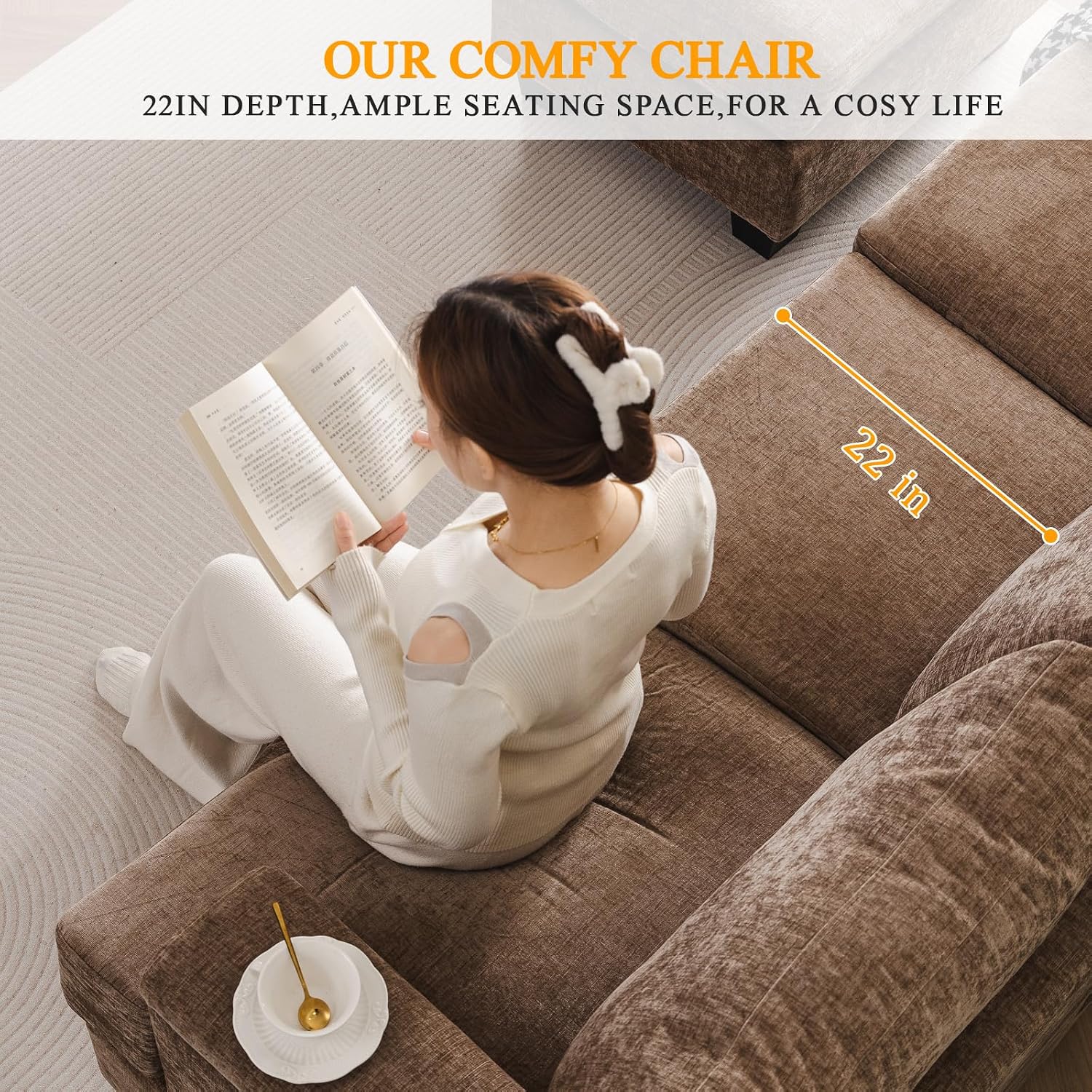 Rexulqo 85'' L Shaped Couch with Armrest Organizer,3 Seats Sofas with Movable Ottoman,Comfy Sectional Sofa with Thick Cushion,Sectional Couches for Living Room,Bedroom,Apartment,Chenille,Brown