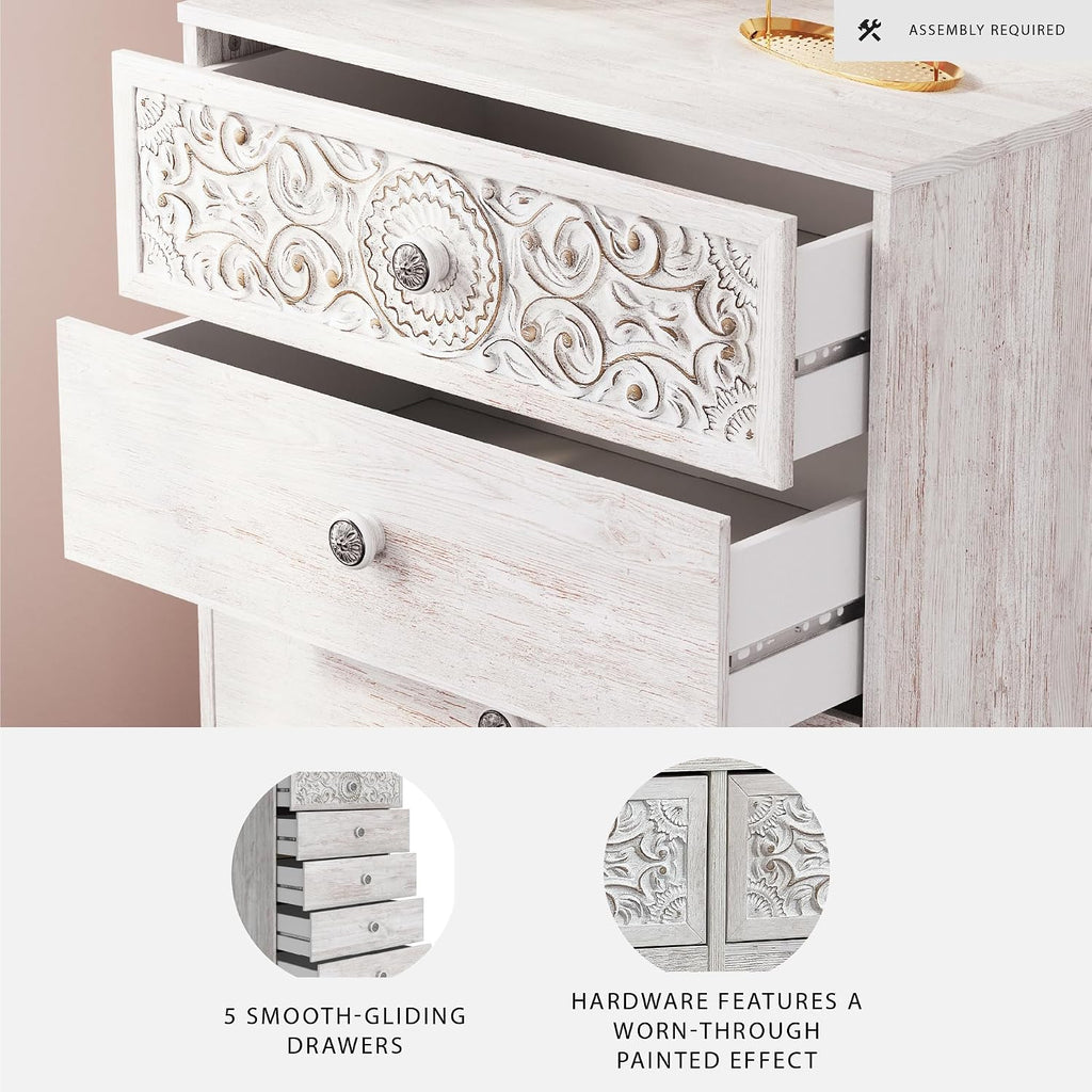 Signature Design by Ashley Paxberry Boho 5 Drawer Chest of Drawers, Whitewash