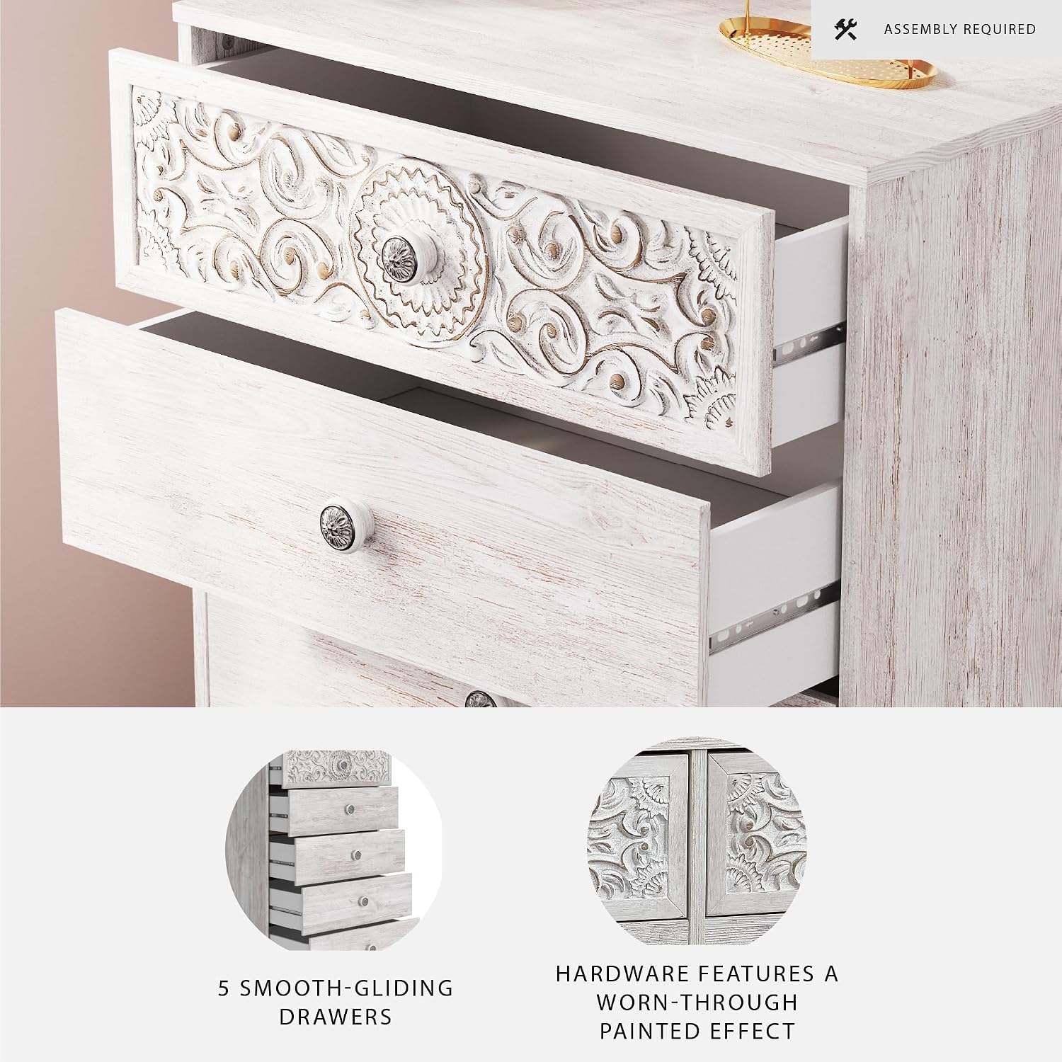Signature Design by Ashley Paxberry Boho 5 Drawer Chest of Drawers, Whitewash