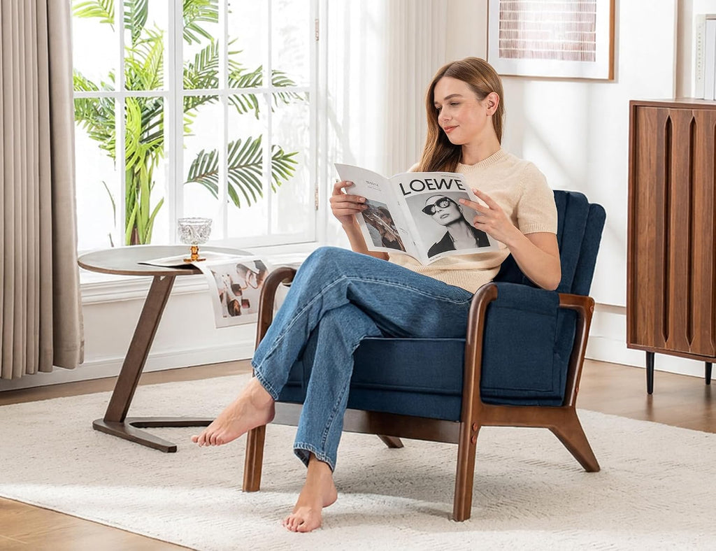 Mid Century Modern Chair Set of 2, Upholstered Lounge Arm Chair with Solid Wood Frame, Comfy Accent Chair for Living Room, Bedroom, Reading, Reception, Blue