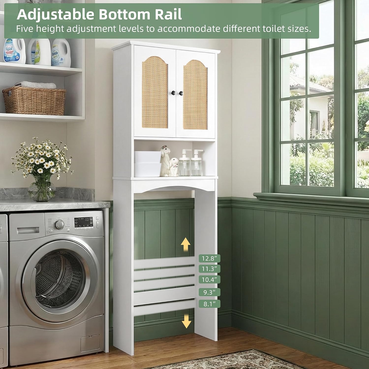 Over The Toilet Storage Cabinet with Rattan Doors, Boho Farmhouse Bathroom Organizer Over Toilet, 5-Level Adjustable Bottom Bar Fits Water Valve, 3 Adjustable Inner Shelves, White, 24'x70'