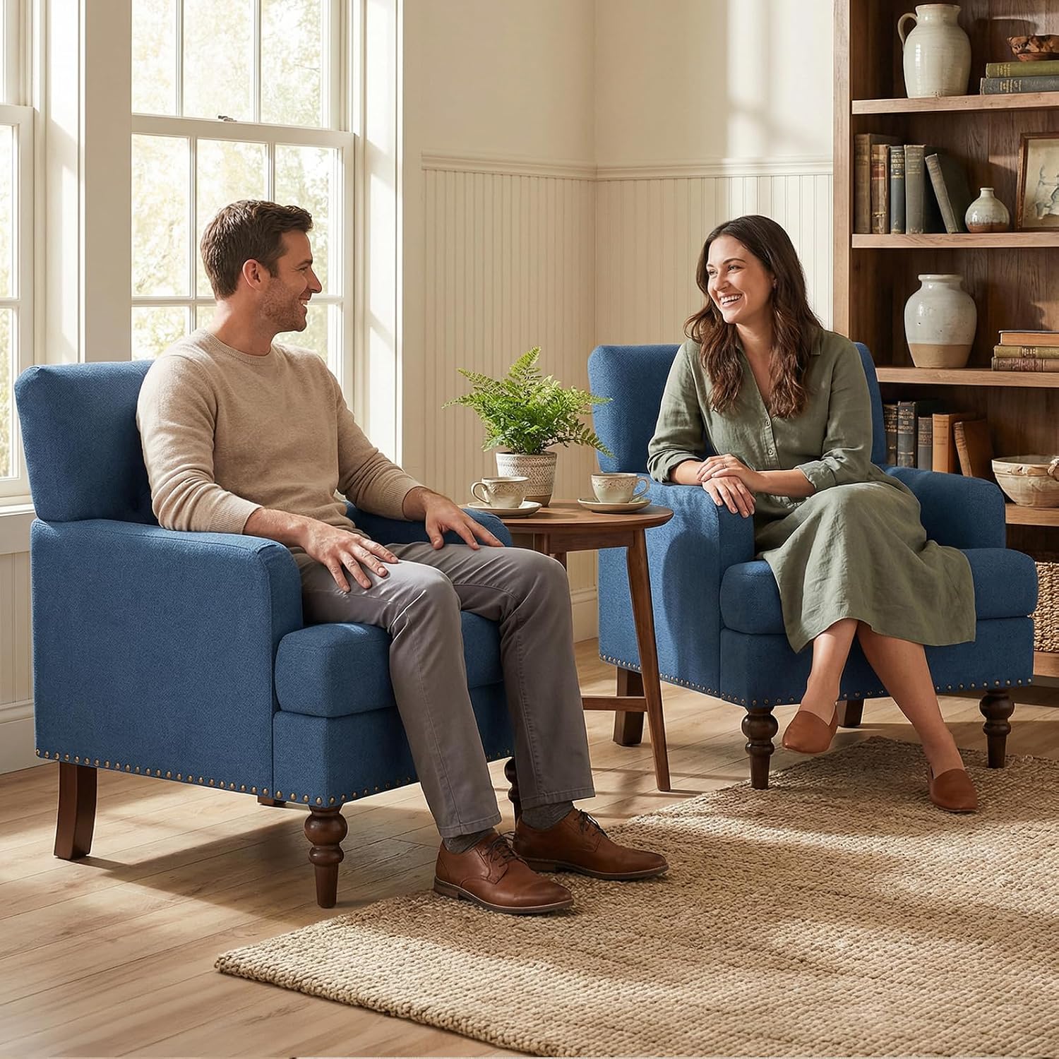 MALOL Upholstered Accent Chair, Comfy Reading Chair for Living Room, Mid Century Modern Armchair with Thick Cushion & Solid Rubberwood Legs, for Bedroom/Small Spaces, Blue