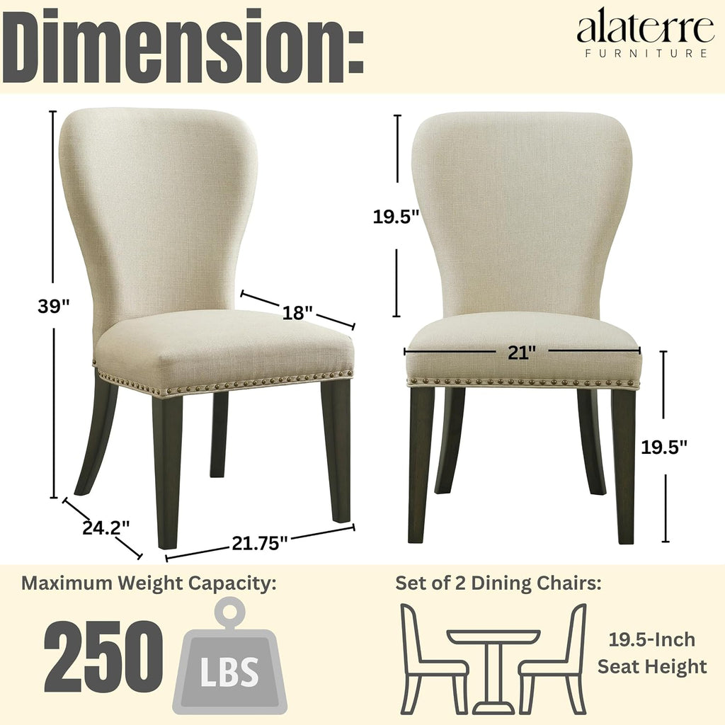 Savoy Upholstered Dining Chairs – Set of 2 Parsons Style Accent Chairs with Cream Linen Fabric, Nailhead Trim, and Dark Stained Legs – for Dining Room, Desk, or Sitting Area by Alaterre Furniture