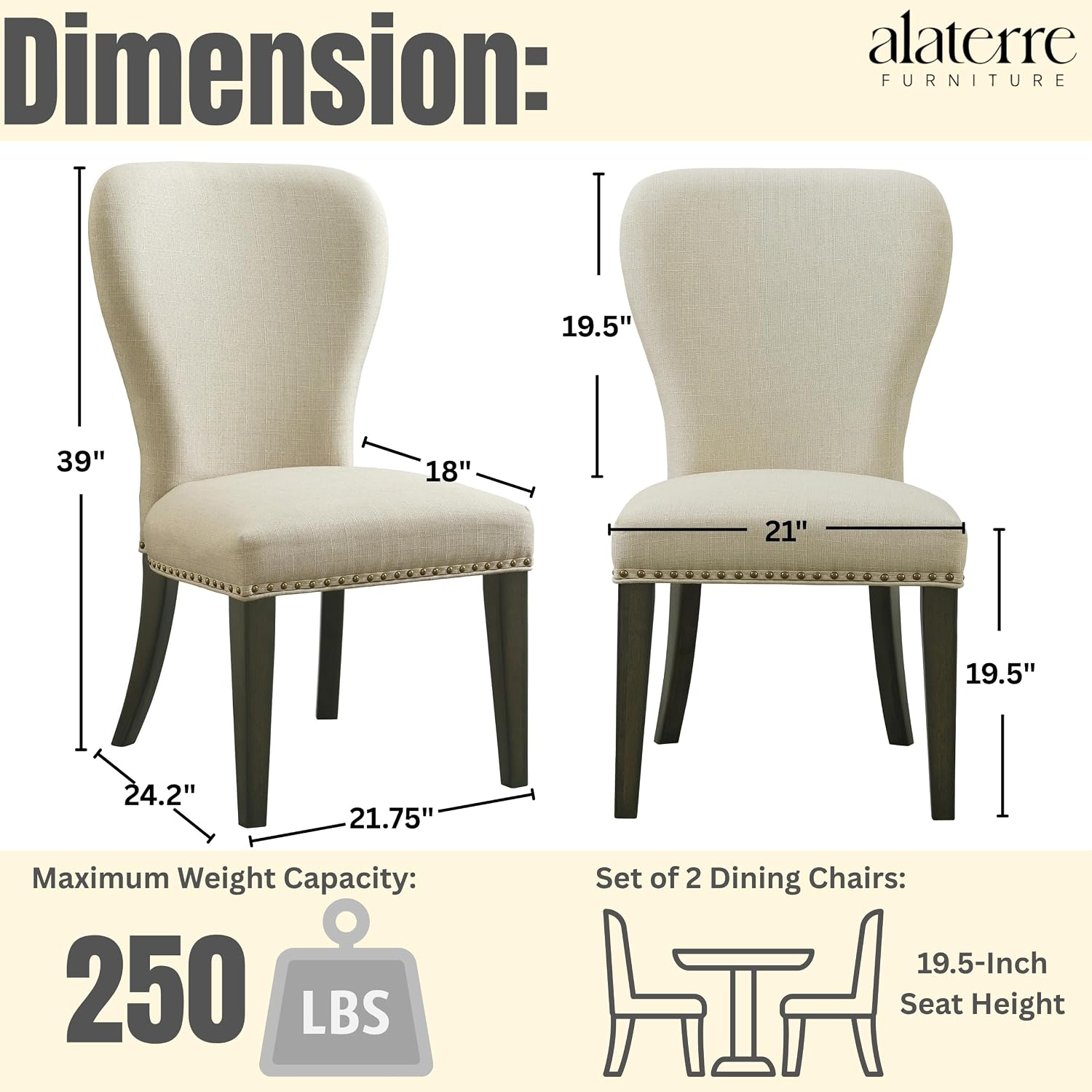Savoy Upholstered Dining Chairs – Set of 2 Parsons Style Accent Chairs with Cream Linen Fabric, Nailhead Trim, and Dark Stained Legs – for Dining Room, Desk, or Sitting Area by Alaterre Furniture