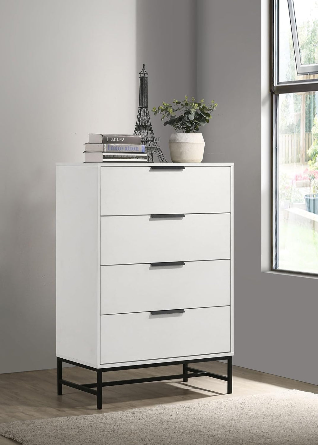 Coaster Home Furnishings - Sonora - Wood and Metal - 4-Drawer Chest with Black Hardware, Linear Handles and Metal Base - Contemporary - Bedroom - White - 224865