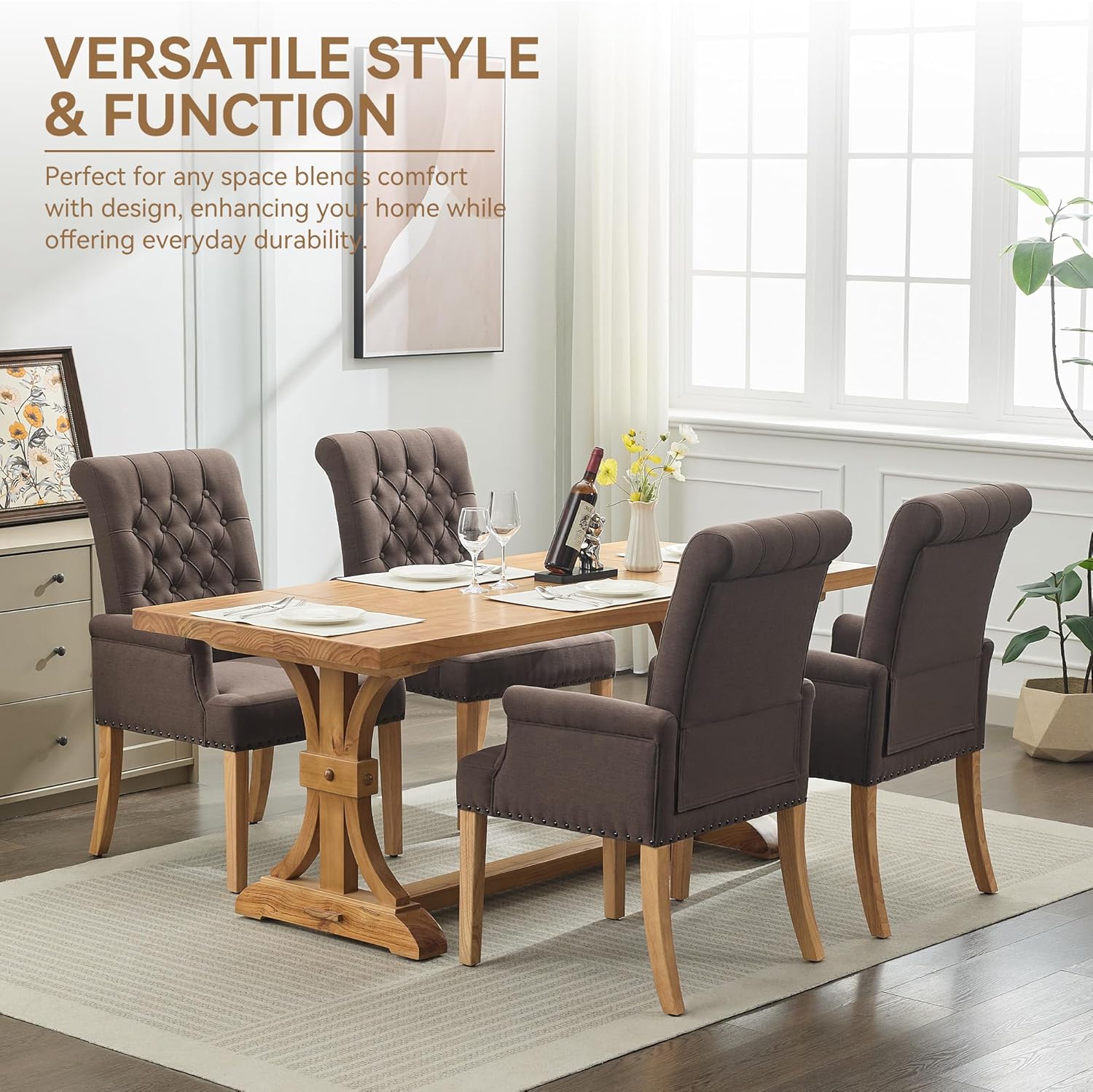 WUTUTUEE Fabric Dining Chair with Arms, Upholstered Tufted High Back Dining Room Chairs, Accent Armchair with Solid Wood Leg and Nailhead Trim, Kitchen Dining Living Room, Brown