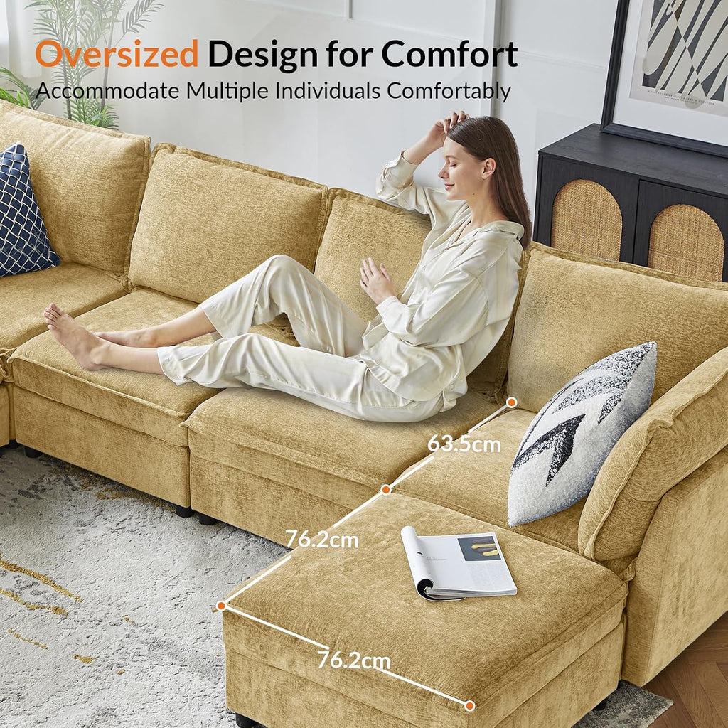 HULALA HOME 97'' Modular Sectional Sofa, L Shaped Couch with Storage Ottoman, Comfy Chenille Sofa with Deep Seat, 4 Seat Convertible Sectional Couches for Living Room, Cream