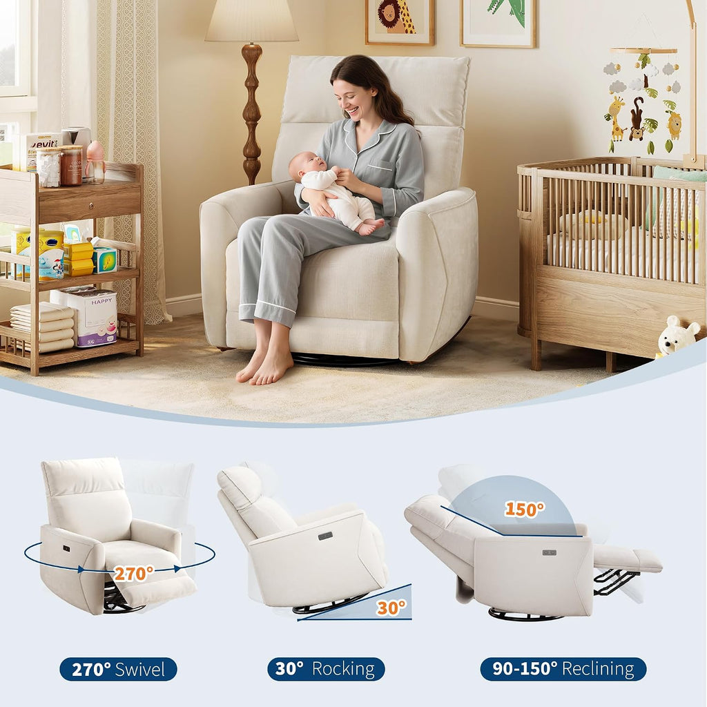 GarveeHome Power Recliner Chair, 270° Swivel Rocking Glider with USB Charging Port, Chenille Upholstered Fabric, Ergonomic Modern Nursery Chair for Living Room, Bedroom, Nursery (Beige)