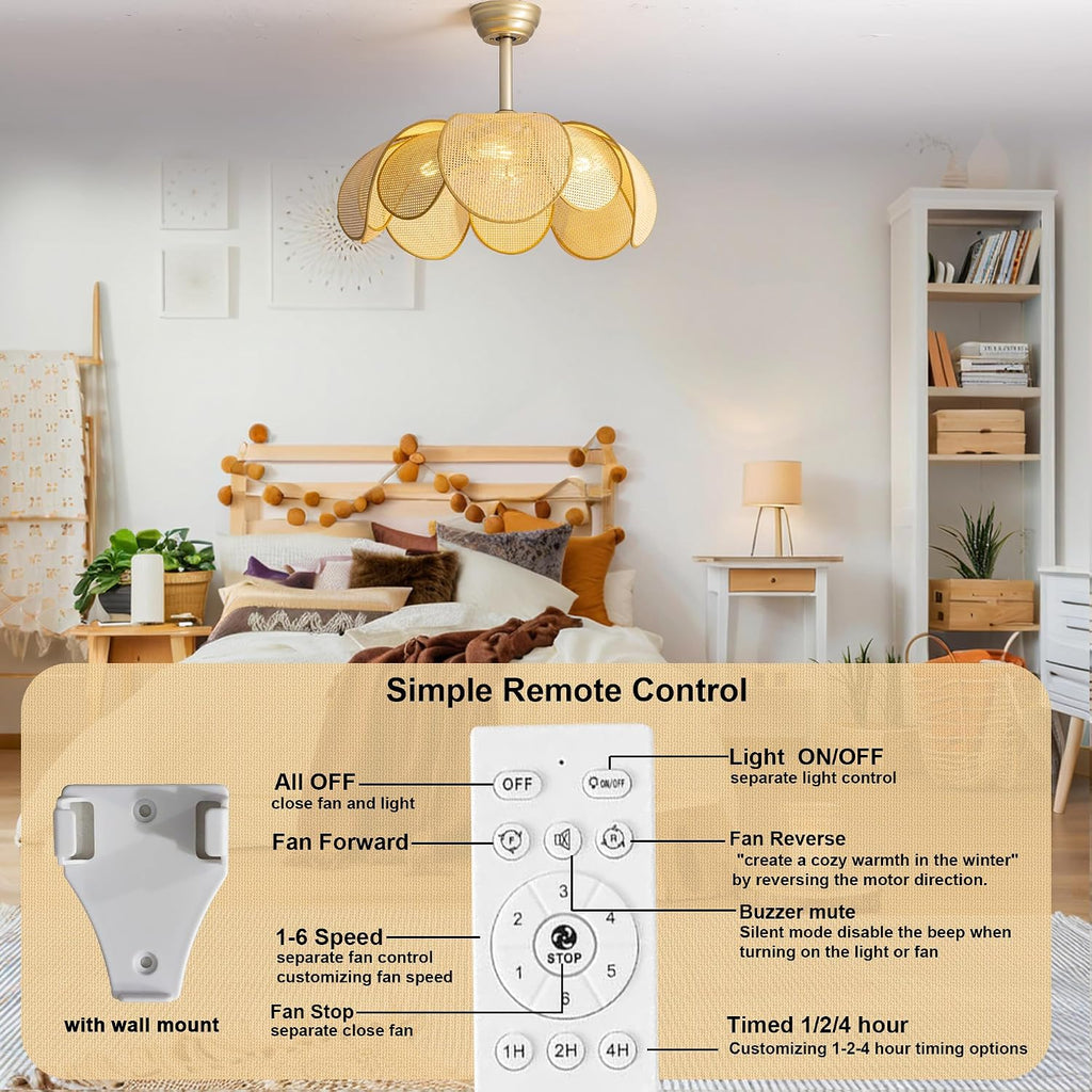 Rattan fandelier Ceiling Fans with Lights, Fandelier Chandelier Ceiling Fan and Remote,Boho,Flush Mount,Low Profile,for Bedroom,Living Room,(25.5 Inch,6 Speed